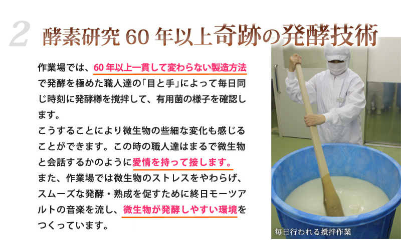 酵素研究50年以上奇跡の発酵技術！作業場では、50年以上一貫して変わらない製造方法で発酵を極めた職人達の｢目と手｣によって毎日同じ時刻に発酵樽を撹拌して、有用菌の様子を確認します。こうすることにより微生物の些細な変化も感じることができます。この時の職人達はまるで微生物と会話するかのように愛情を持って接します。また、作業場では微生物のストレスをやわらげ、スムーズな発酵・熟成を促すために終日モーツアルトの音楽を流し、微生物が発酵しやすい環境をつくっています。